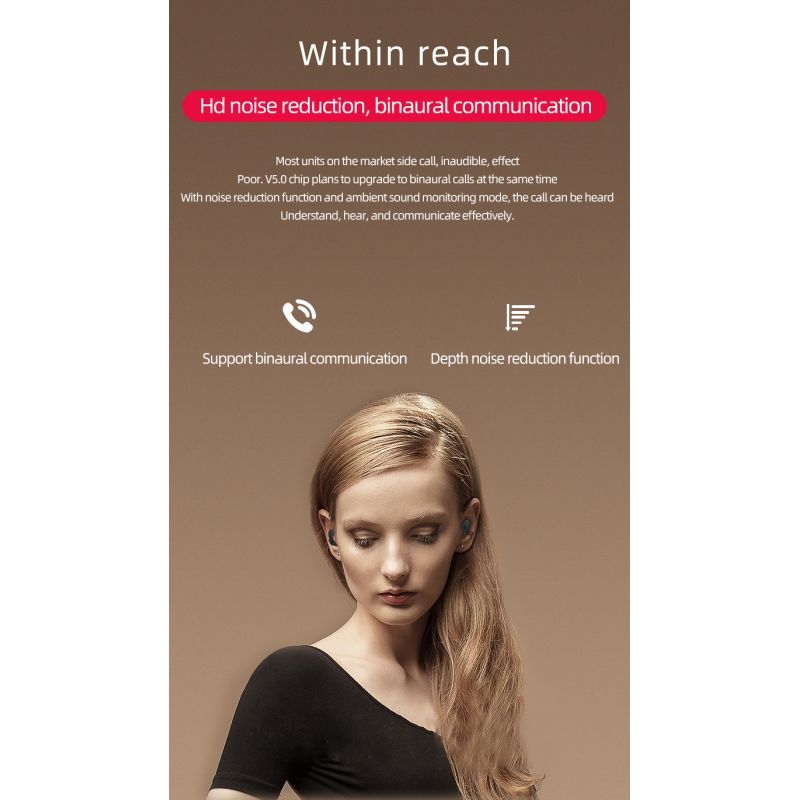 Cuffie wireless Bluetooth 5.0 modello A6S, custodia di ricarica inclusa, microfono vivavoce, suono stereo HD, colore rosa._voghion.com