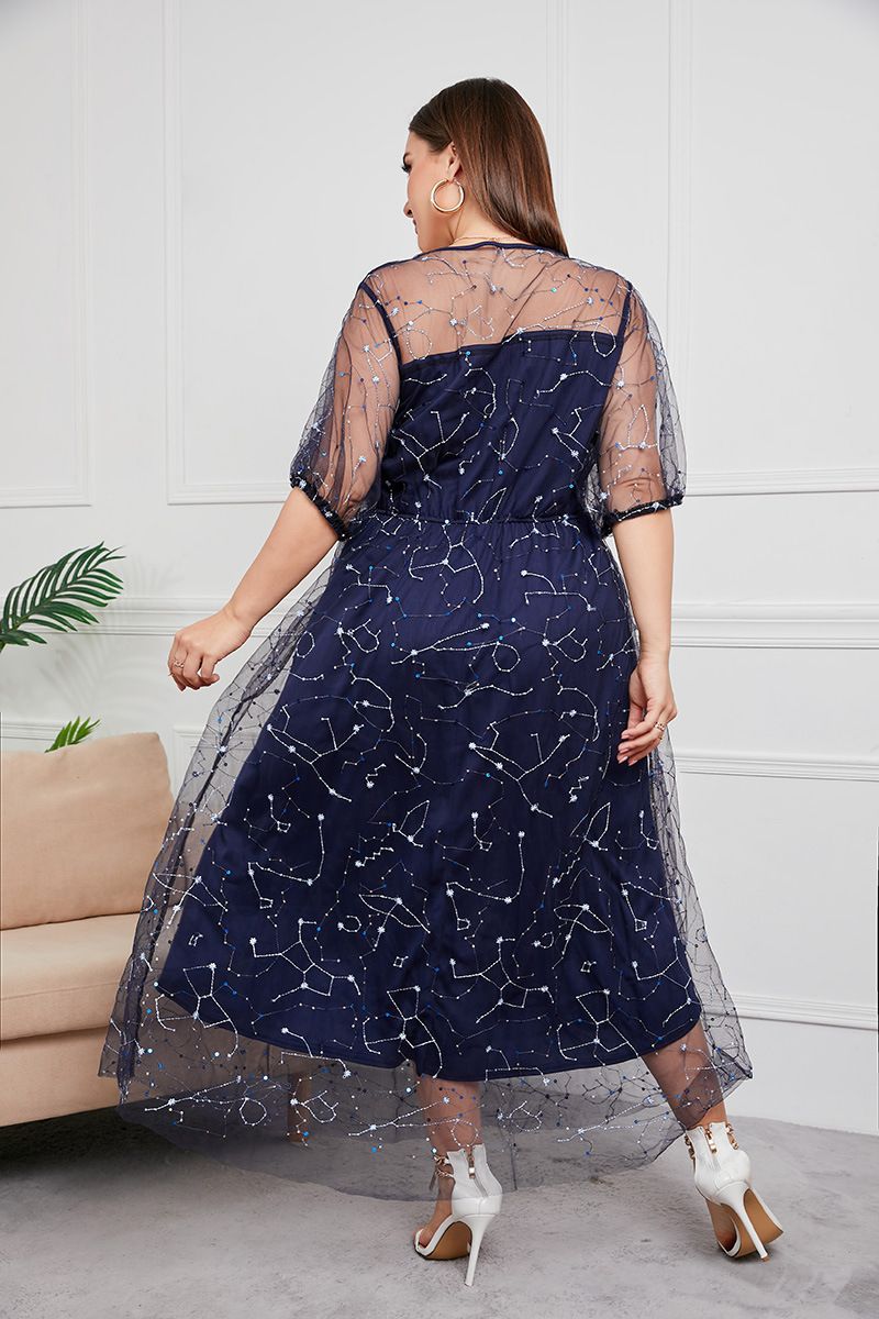 Sukienka damska plus size, wieczorowa, kobieca, haftowana siateczka, bankietowa, imprezowa, midi_voghion.com