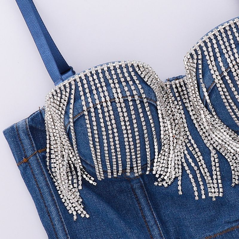 Design bandeau din denim tip fishbone, cu franjuri, bretele cu diamant strălucitor, îmbrăcăminte exterioară, top bungee căptușit pentru femei_voghion.com