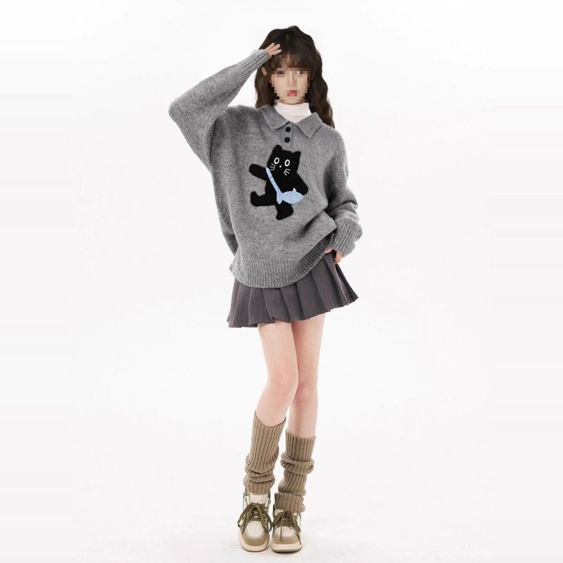 Pull-over gris à col rabattu pour femme, maille épaisse et ample style décontracté, idéal pour l'automne et l'hiver_voghion.com