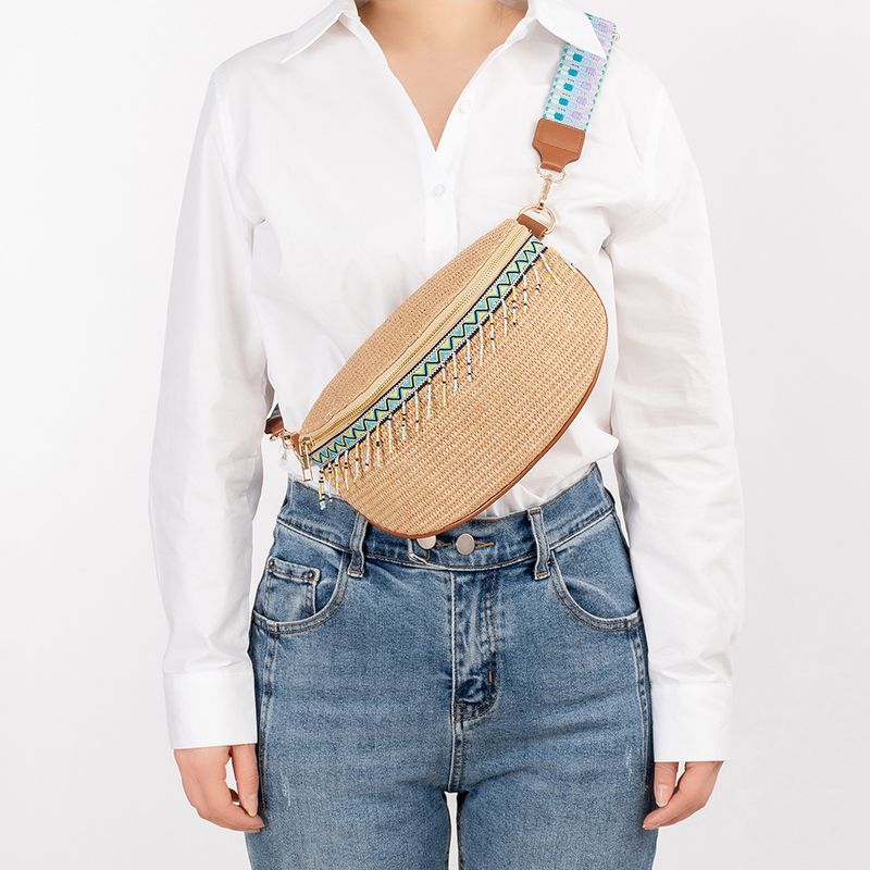 Bolsa feminina versátil de palha PP trançada com zíper para férias estilo étnico ENSPT_voghion.com