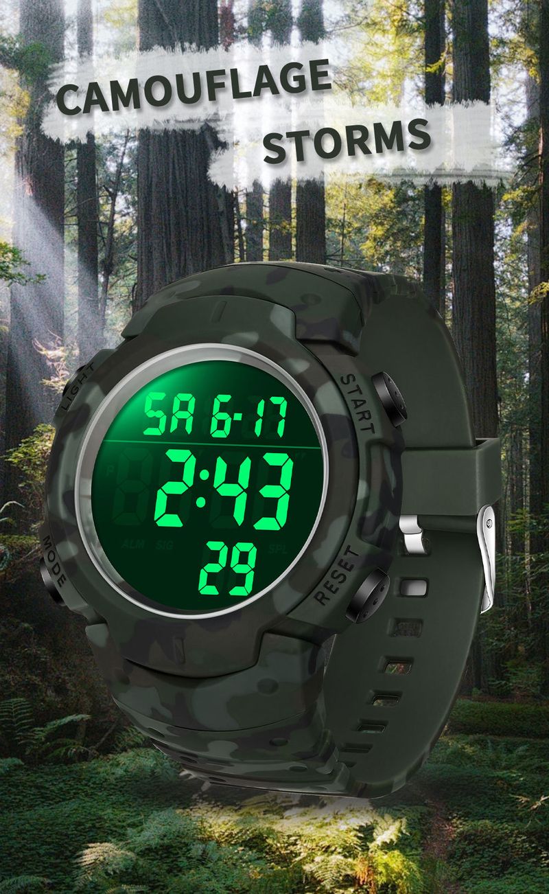Sport Digital Watch With 50m Waterproof, LED Backlight, Alarm, Stopwatch, Military Camouflage Design For Outdoor Swimming And Daily Wear_voghion.com