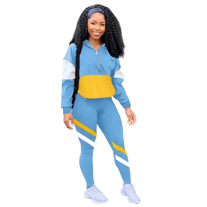Zweiteiliger Freizeit-Sportanzug für Damen im Farb-Patchwork-Design_voghion.com
