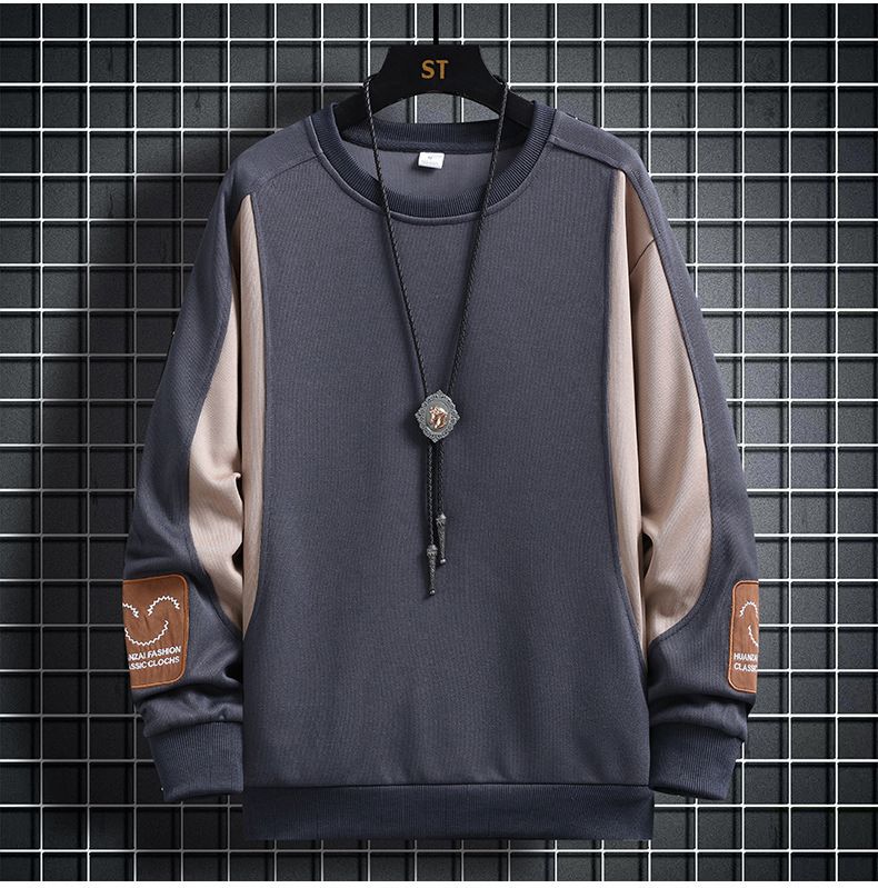 Felpa oversize casual da uomo, a maniche lunghe, con scollo rotondo e motivo patchwork, da indossare tutti i giorni in primavera e autunno._voghion.com