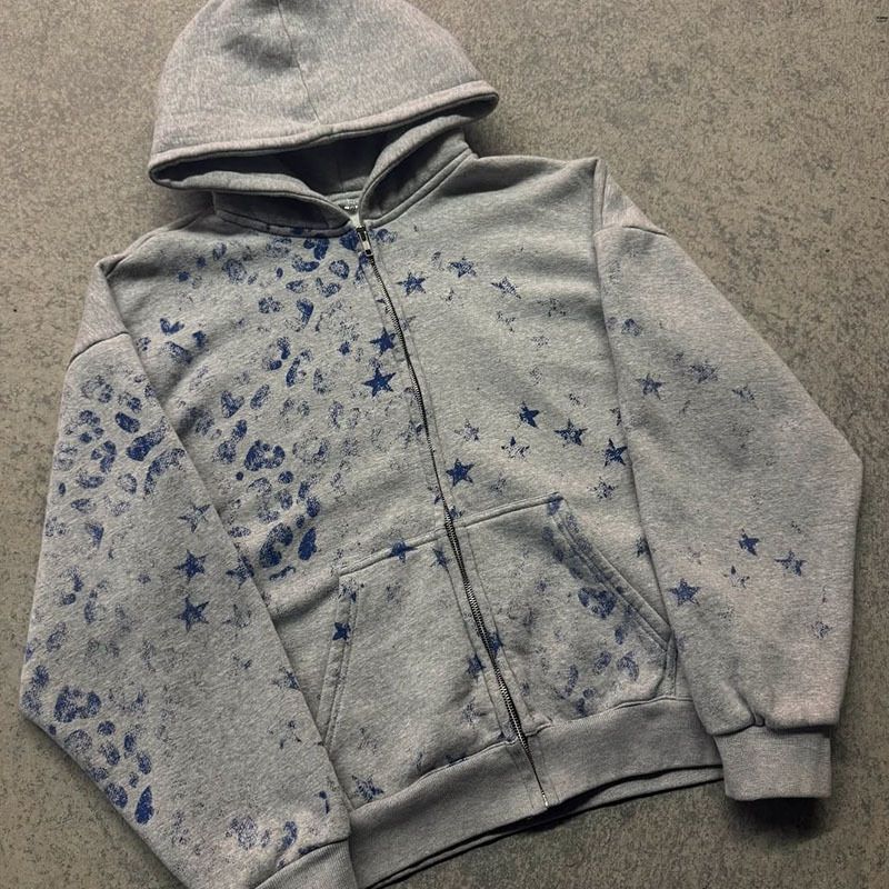 Harajuku Y2K Retro-Sweatshirt- und Hosen-Set mit Sternendruck – lockere Passform im Hip-Hop-Stil (Schwarz/Grau, S-XL)_voghion.com