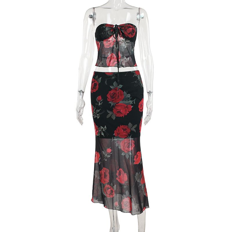 Women's Clothing Fashion Mesh Printed Tube Top Skirt Suit Summer New Slim Fit_voghion.com