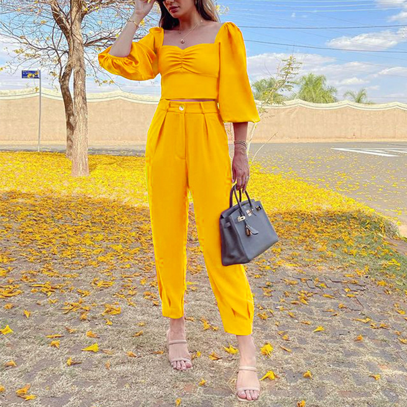 2025 New Autum Witer Wome's Square Neck Slim Fit Short Top Loose Solid Color Casual Log Pats Two-Piece Set For_voghion.com