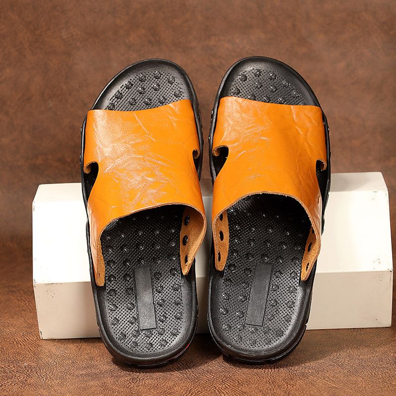 Pantofole da uomo in vera pelle di vacchetta, taglia 48, con un carattere, per casa e all'aperto, sandali con punta a vista, suola morbida casual_voghion.com