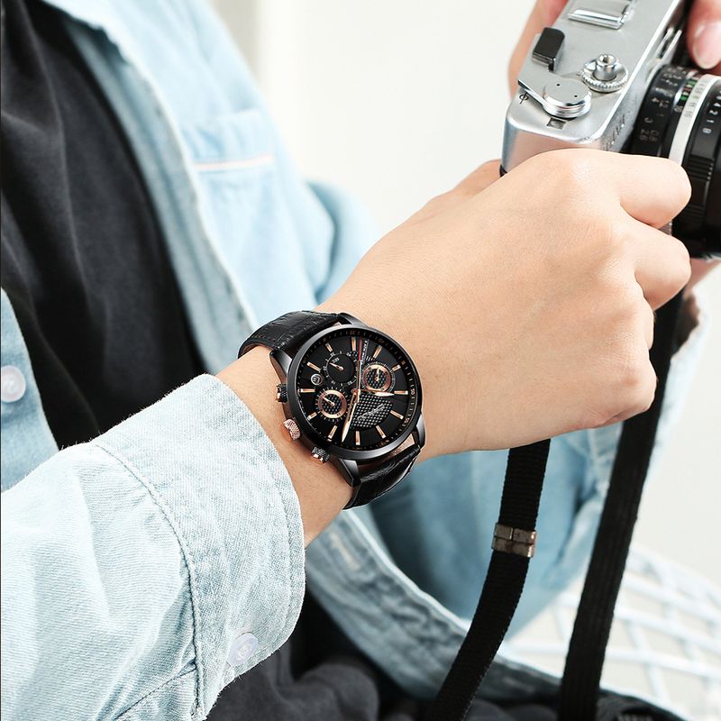 Men's Classic 6-Hand Quartz Watch With Date Function, Waterproof 30M, Casual Business Leather Strap Wristwatch Simple Business Calendar Watch_voghion.com