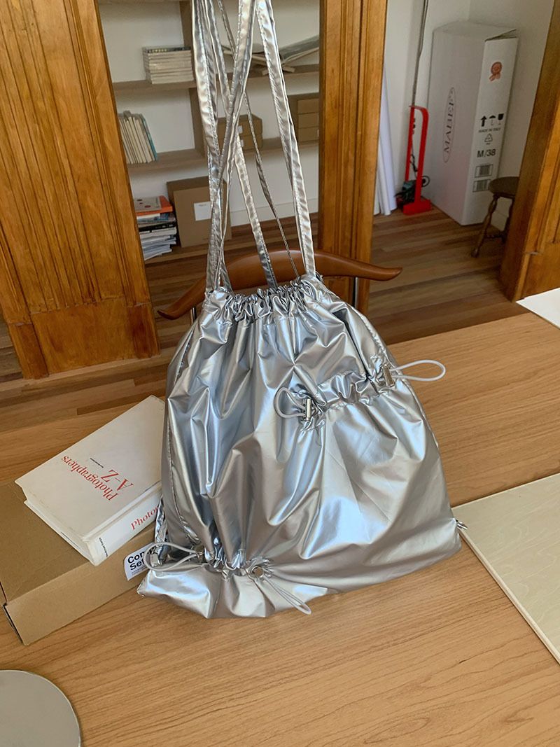 2024 Korean Ins niche design drawstring pleated silver for women commuting versatile casual small backpack_voghion.com