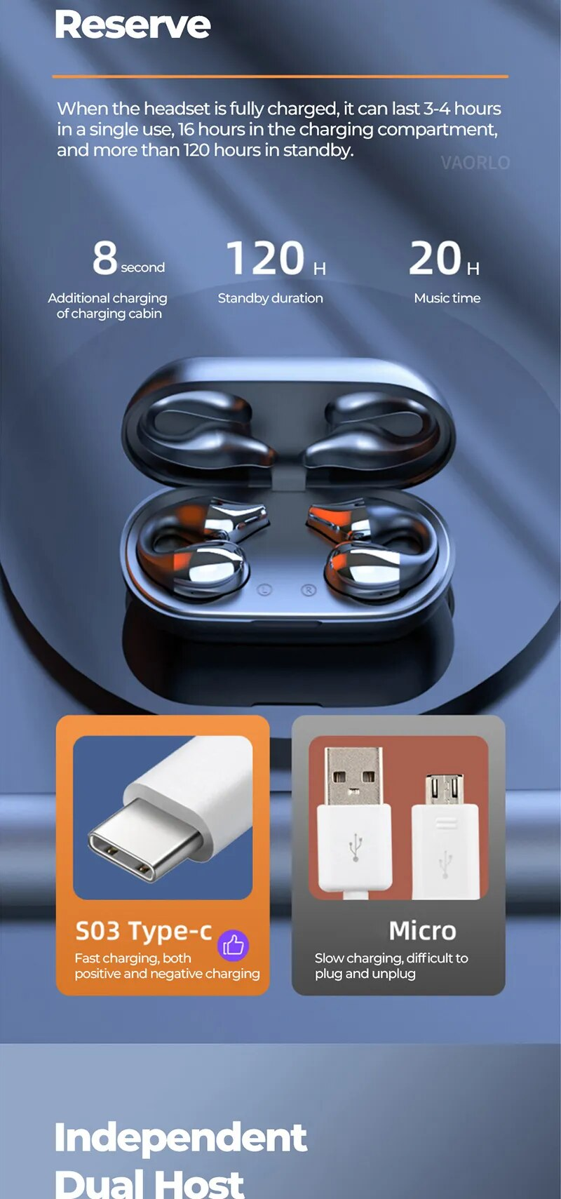 VAORLO TWS Wireless Headphones Bluetooth 5.2 Bone Conduction Earphones Earclip Design Touch Control LED Earbuds Sports_voghion.com
