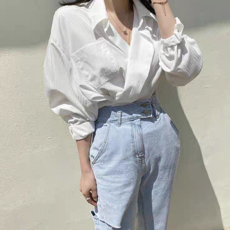 2024 Spring and Autumn New Korean Chic Gentle Striped White Collar Single breasted Loose Casual Long Sleeve Shirt_voghion.com