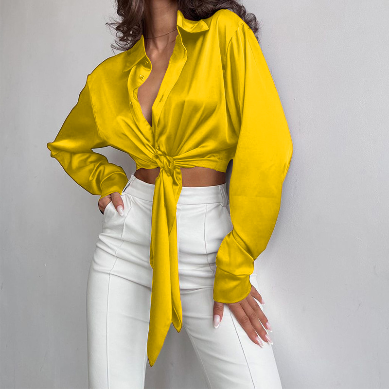Top da donna a maniche lunghe con collo a polo in raso di seta casual dal temperamento solido_voghion.com