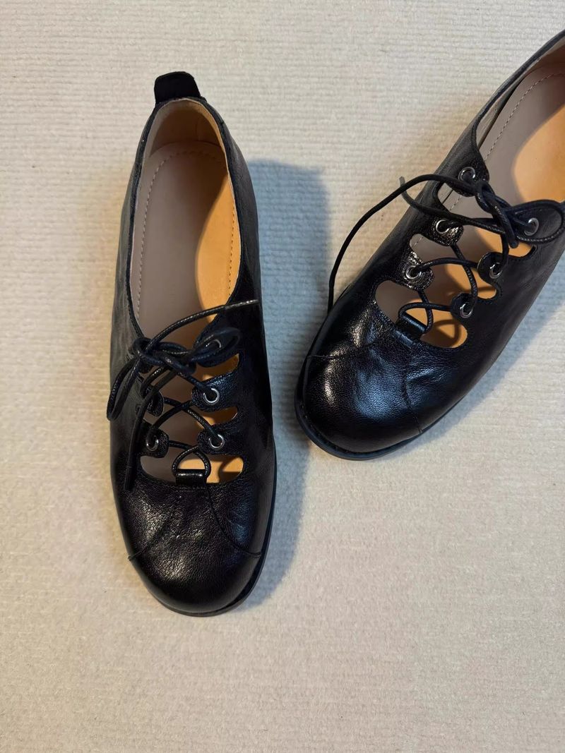 Lancui Damen Mary Jane Flache Schuhe mit flachem Mund und Schnürung im britischen Stil mit niedrigem Absatz und runder Zehenpartie_voghion.com