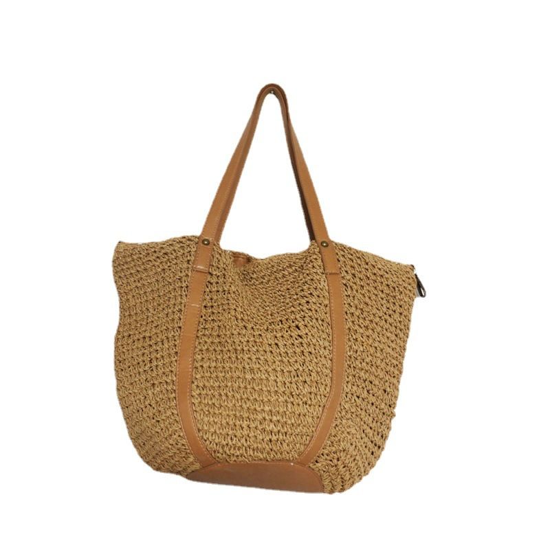Borsa a secchiello grande capacità, borsa a tracolla in paglia intrecciata, borsa casual da donna, estate 2025_voghion.com