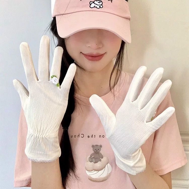 Cienkie damskie rękawiczki przeciwsłoneczne Fresh Style, do ekranów dotykowych, do jazdy samochodem latem, antypoślizgowe, z ochroną UV, z bawełny marszczonej._voghion.com