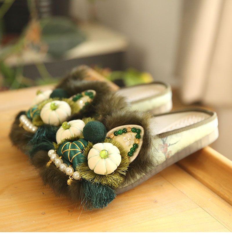 ShoeGlobe Tiger Schuhe für Erwachsene, Frühling und Herbst, weiche Sohle, grün, nationaler Stil, echtes Fell, Katzenkopf bestickt, immaterielles Kulturerbe_voghion.com