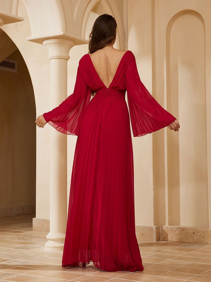 Robe de soirée longue élégante à col en V pour femme - Robe trapèze longue au sol avec volants, décolleté en V profond et manches longues pour banquet ou bal de fin d'année_voghion.com