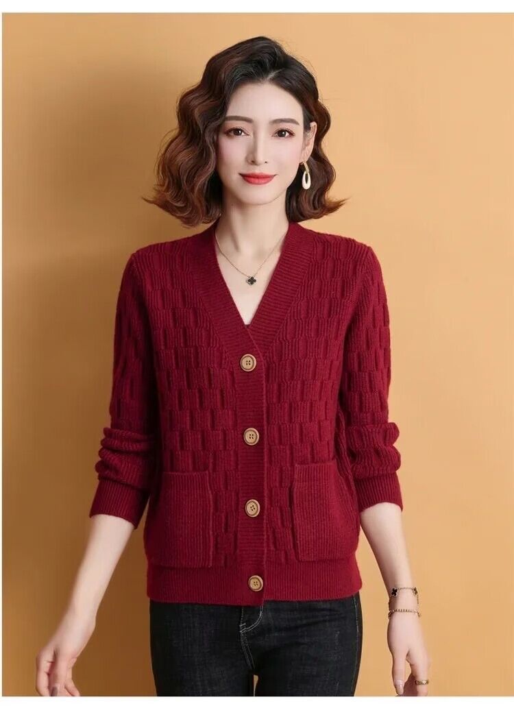 【 Cashmere Family 】 V-Ausschnitt Woll-Cardigan, Damen kariertes Temperament, Mutters gestrickter Außenschichtpullover,_voghion.com