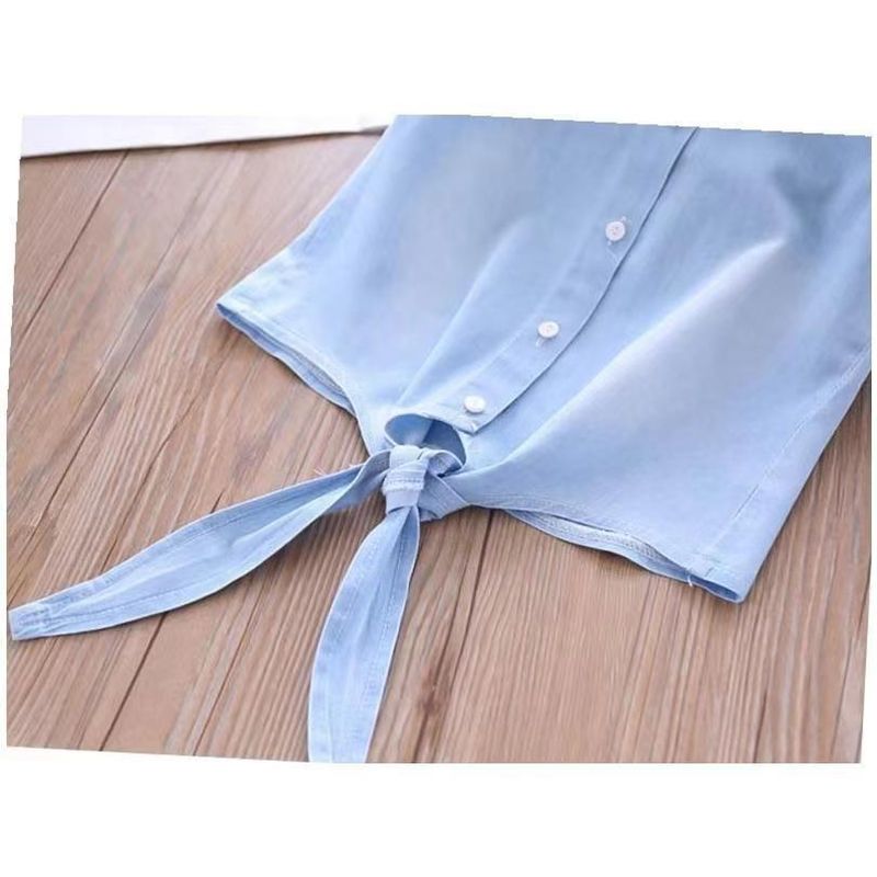 Set due pezzi con top in denim con risvolto ricamato e gonna in rete da principessa per ragazze_voghion.com