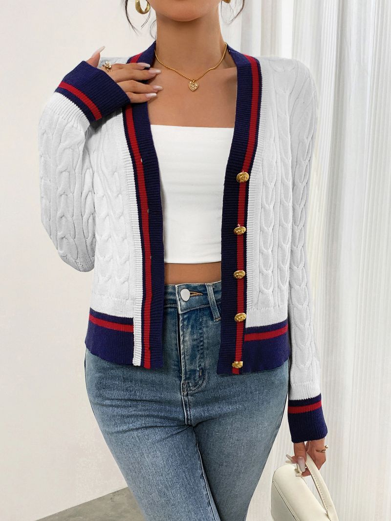 Cardigan in maglia a trecce con scollo a V e righe da donna - Maglione casual ed elegante da donna per primavera e autunno (bianco, dalla S alla XXL)_voghion.com