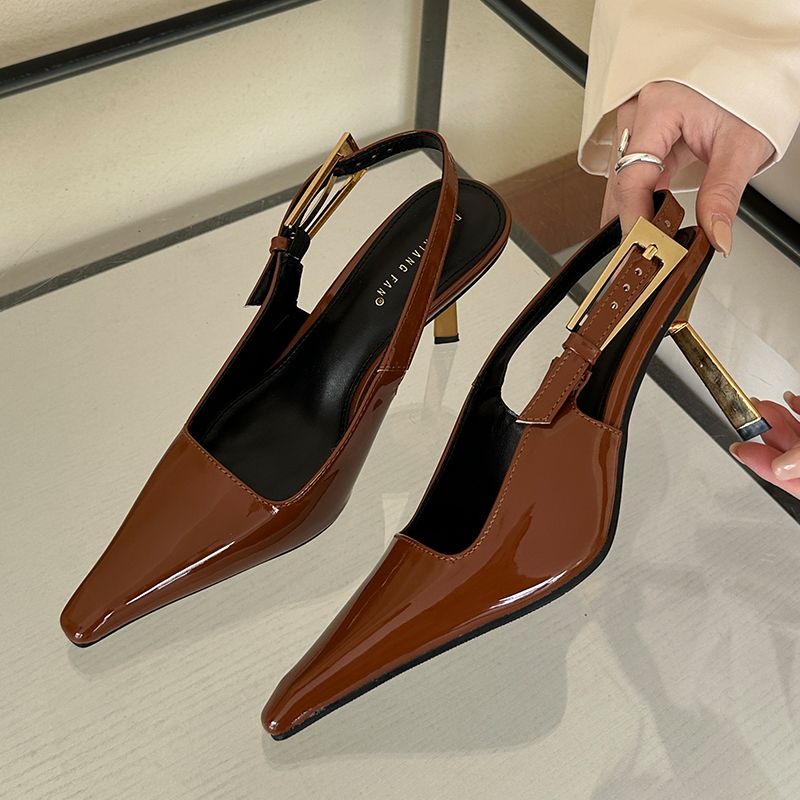 New In 2024 High Heel Strap Buckle Pointed Toe Slingback Fashion Heels Metal Shoes With Décolleté For Women_voghion.com