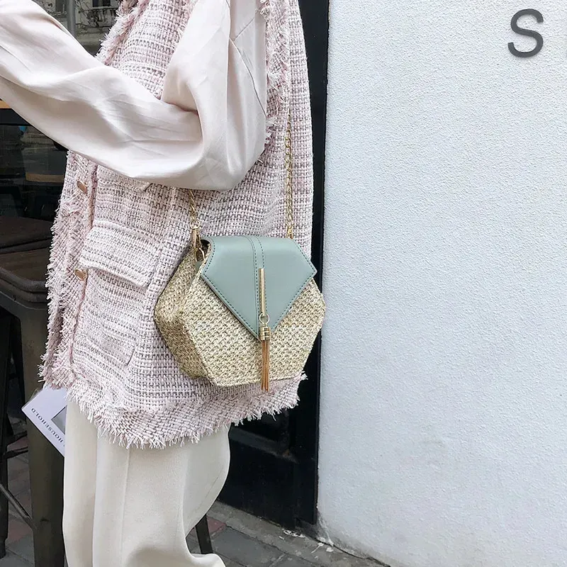 Borsa a mano esagonale in pelle di paglia multi stile da donna, borsa estiva in rattan intrecciata a mano, borsa da spiaggia in stile bohémien, 250314l_voghion.com