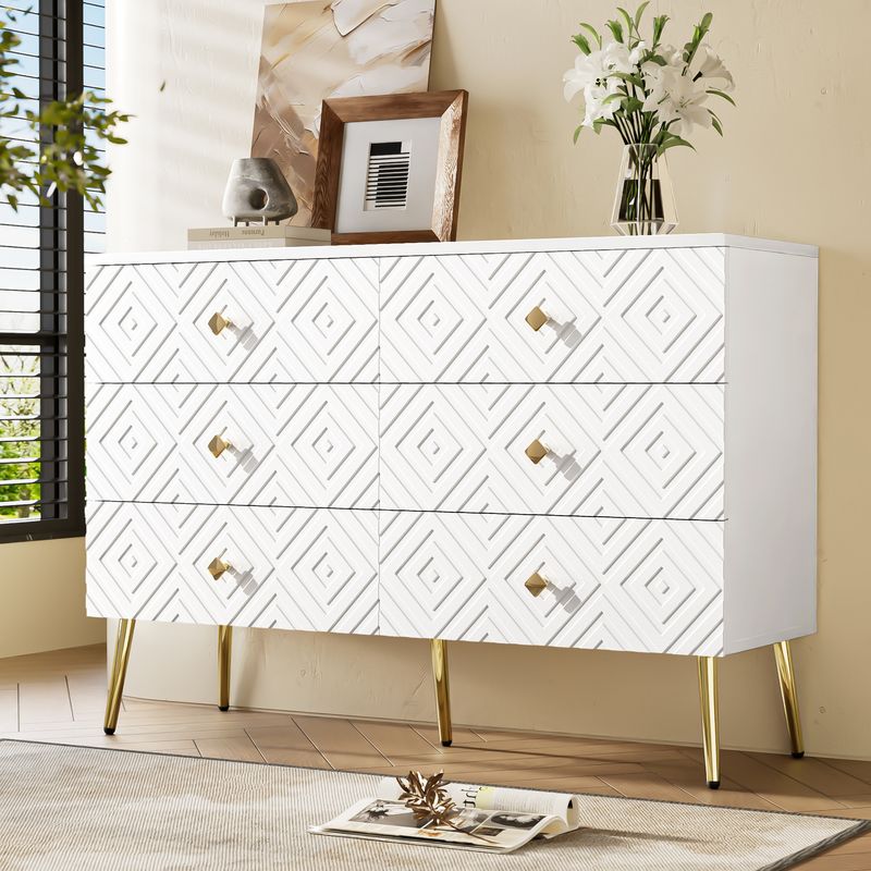 Kommode Weiß 120x80cm Mit 6 Schubladen, Gold-Akzenten Für Wohnzimmer_voghion.com