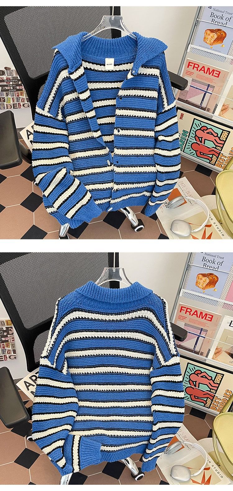 Herrenbekleidung Gestreifte Strickjacke für Herren – Leichter Pullover mit offener Vorderseite und Reverskragen, lässiger, locker sitzender Langarmmantel für den Herbst_voghion.com
