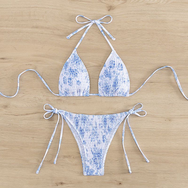Abbigliamento da donna, costume da bagno bikini multicolore sexy con scollo a V, scollo a V, borsa a tracolla e triangolo plissettato_voghion.com
