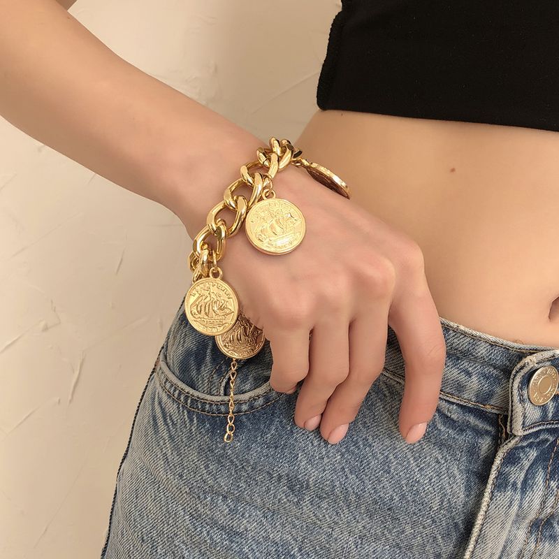 B1255 Bracciale a catena spessa per donna, accessorio geometrico esagerato in stile punk hip-hop con moneta ritratto_voghion.com