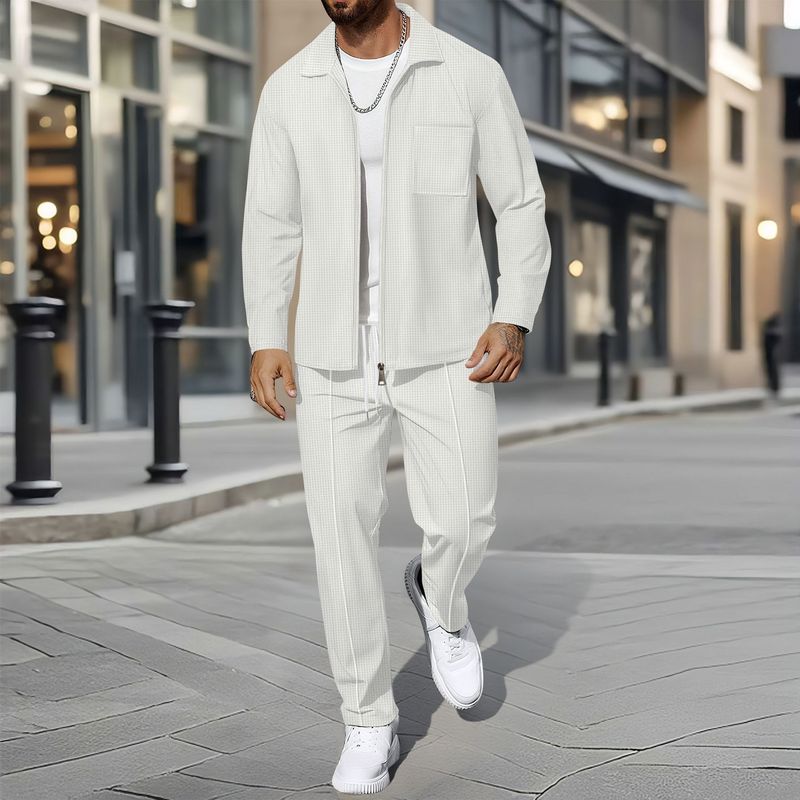 Herren-Waffelstrickjacke mit Reißverschluss, Stehkragen und Taschen – Slim Fit-Freizeitmantel-Set für den Herbst (Schwarz, Grau, Weiß, Khaki, Dunkelgrün, Burgunderrot)_voghion.com