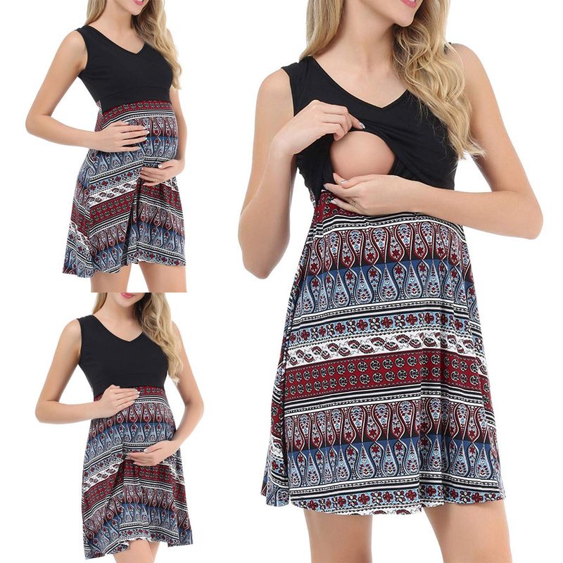 Abito premaman allattamento senza maniche con stampa Pinyin nera e scollo a V_voghion.com