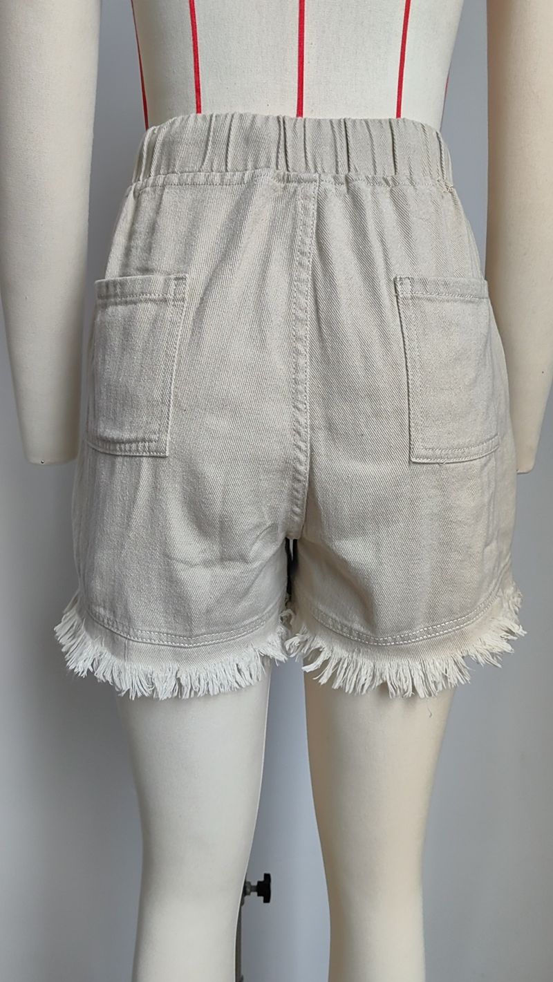 pantaloncini in denim con bordo grezzo a vita alta casual con coulisse in vita elastica per donna_voghion.com