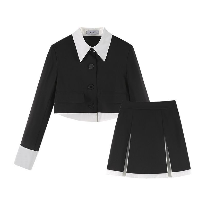 2025 Niche High-End Color-Block Two-Piece For Women Spring Autumn New French Style Streetwear Blazer And Short Skirt Set_voghion.com