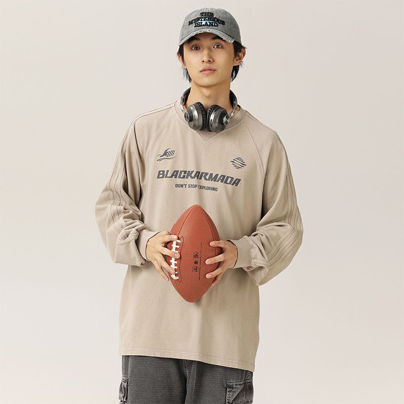 2025d Trendy Brand Letter Print Loose American Style Paar Base Layer Crew Neck Top Vielseitiges Carbon Brushed Langarm_voghion.com