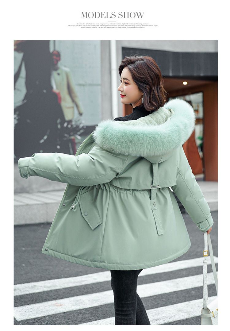 Ropa de mujer Chaqueta de invierno de mujer de algodón de longitud media con cuello de piel sintética, talla grande, cintura y pantalón corto._voghion.com