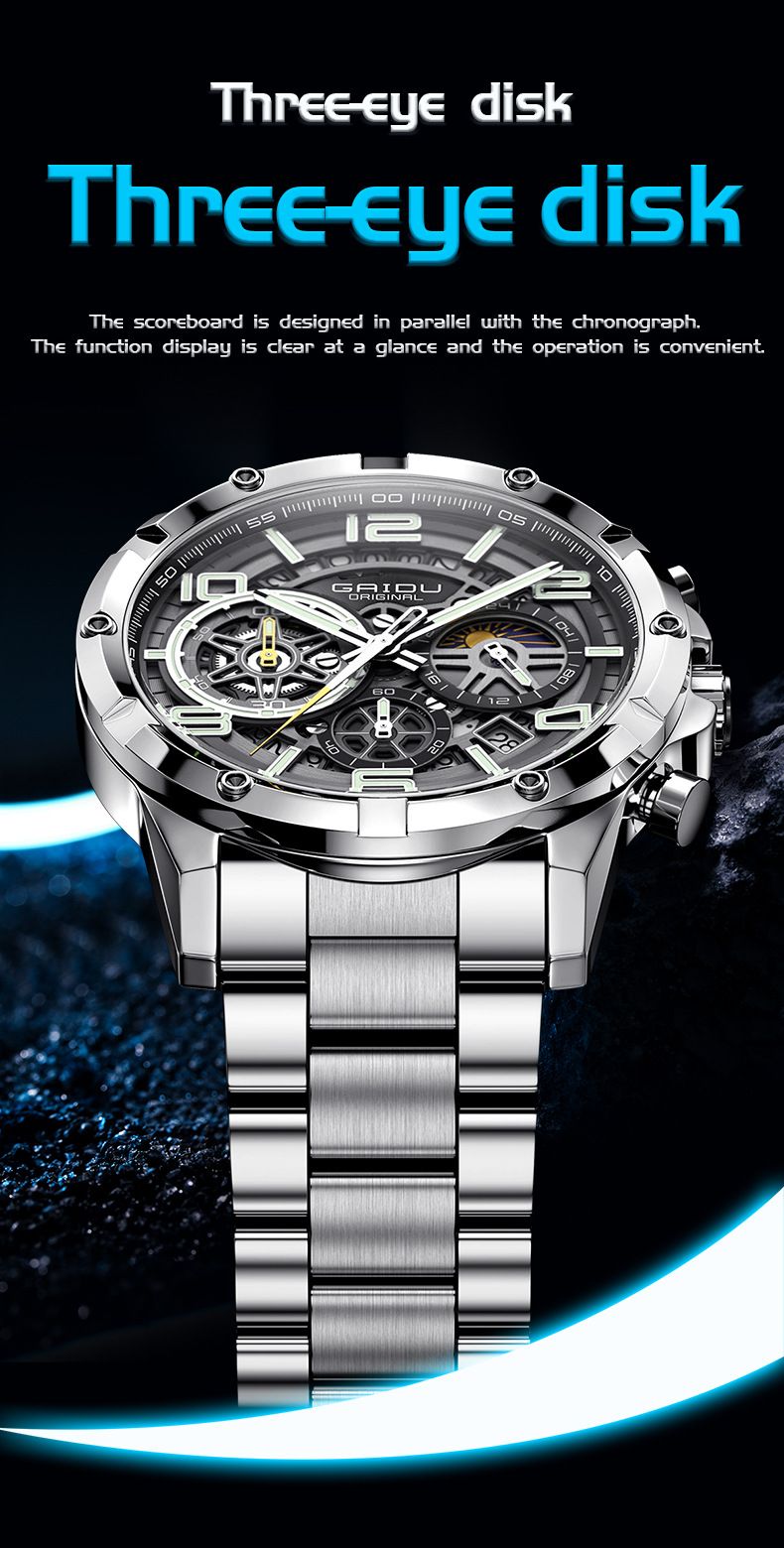 Reloj cronógrafo de negocios para hombre con manecillas luminosas, indicador de fecha y correa de acero inoxidable. Elegante caja de 42 mm y resistente al agua hasta 30 m._voghion.com