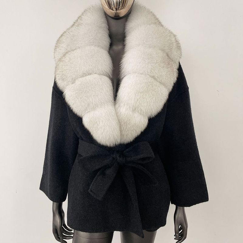 Kurzer Wollmantel für Damen mit Fuchspelzkragen – doppelseitige, übergroße Trenchcoatjacke, lässige, elegante Oberbekleidung, Winterblazer mit Gürtel (S/M)_voghion.com