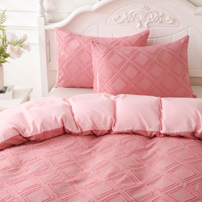 Tufted Wool Cut Flower Pink Diamond Geometric Quilt Cover Home Textile Bedding Three Piece Set_voghion.com
