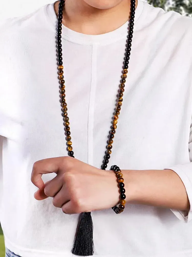 108 Mala Beads Necklace With Tassel 8mm Natural Crystal Gemstone Knotted Meditation Yoga Blessing Bracelet Jewelry_voghion.com