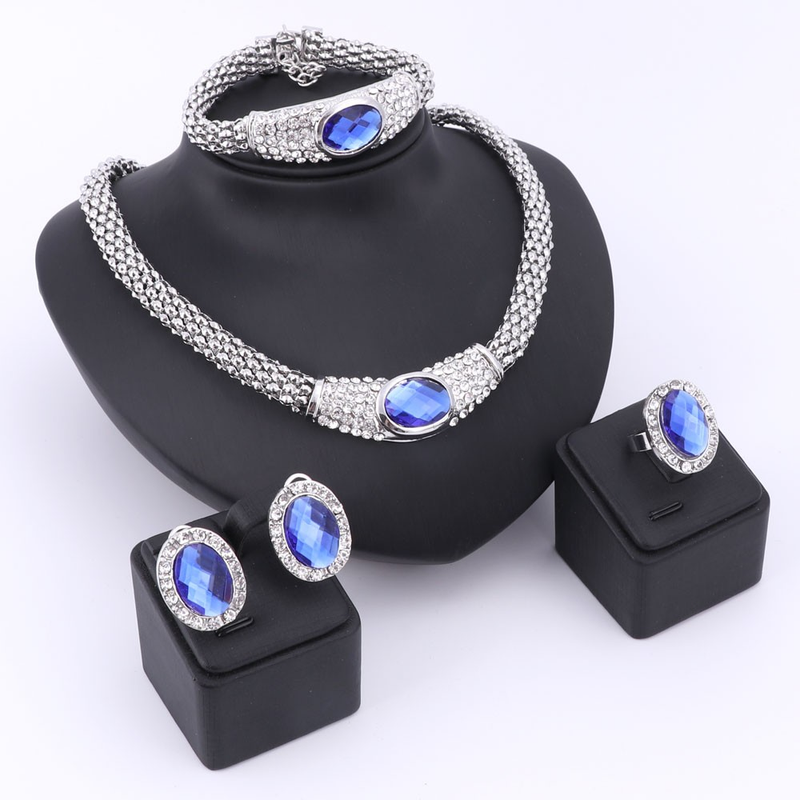 Feestaccessoires voor dames Bruiloft Blauwe edelsteen hanger kristallen ketting oorbel armband ring sieradensets_voghion.com