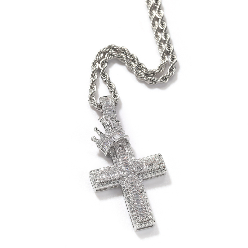 Collana con ciondolo a croce con corona completa per uomo, in rame con zirconi intarsiati, stile hip hop punk, alla moda_voghion.com
