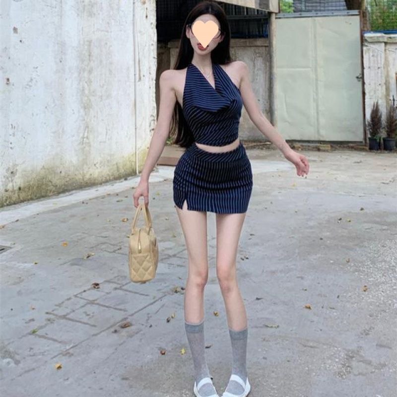 Ensemble deux pièces à rayures pour femme, haut court, jupe moulante, col rond, élégant, été_voghion.com