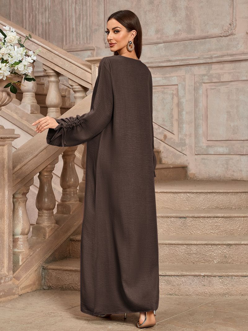 Abito lungo elegante alla moda da donna, in tessuto di poliestere, con cintura, lunghezza midi, maniche lunghe e regolari._voghion.com