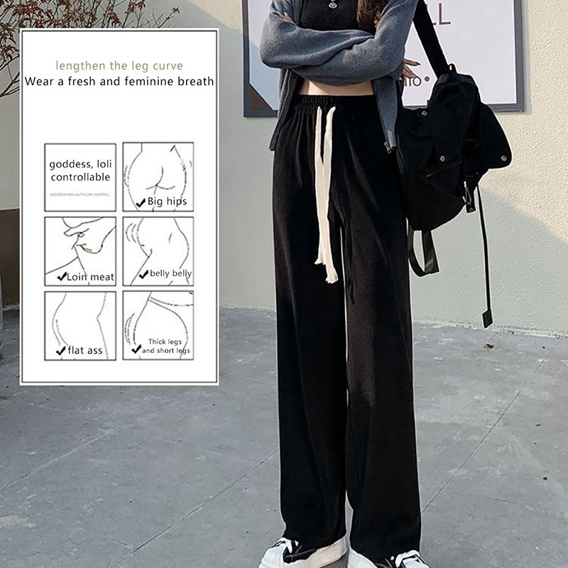 hot selling 2023 Women High Stretch Waist Wide Leg Pants Summer Drawstring Loose Long Rib Knitted Trousers_voghion.com
