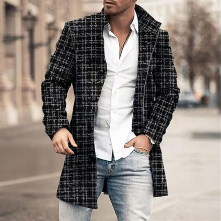 Veste longue décontractée à col rabattu pour homme, en laine imprimée CT 2025, collection automne-hiver_voghion.com