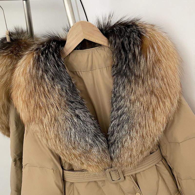 Women's Slim Fit Down Jacket With Detachable Fox Fur Collar, Warm Winter Coat For Petite, Mid-Length Puffer Coat With Belt_voghion.com