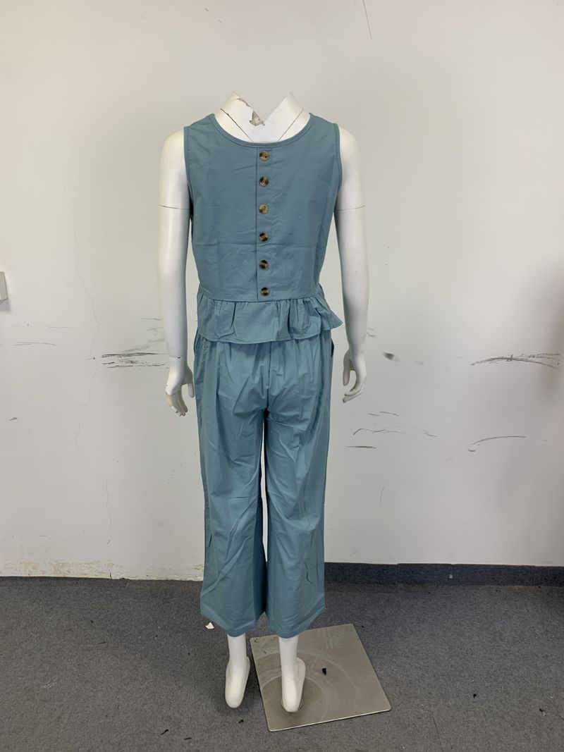 Ärmelloses Rüschenoberteil und weit geschnittene Hose aus Leinen-Baumwolle für Damen – Bohemian-Sommeroutfit_voghion.com