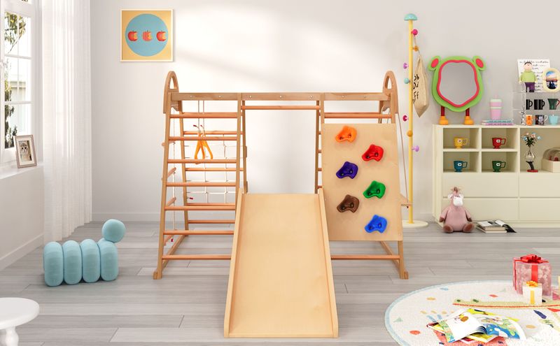 Cassettiera multifunzione 7 in 1 con Schaukel, Rutsche, Kletternetz e Klettersteinen_voghion.com